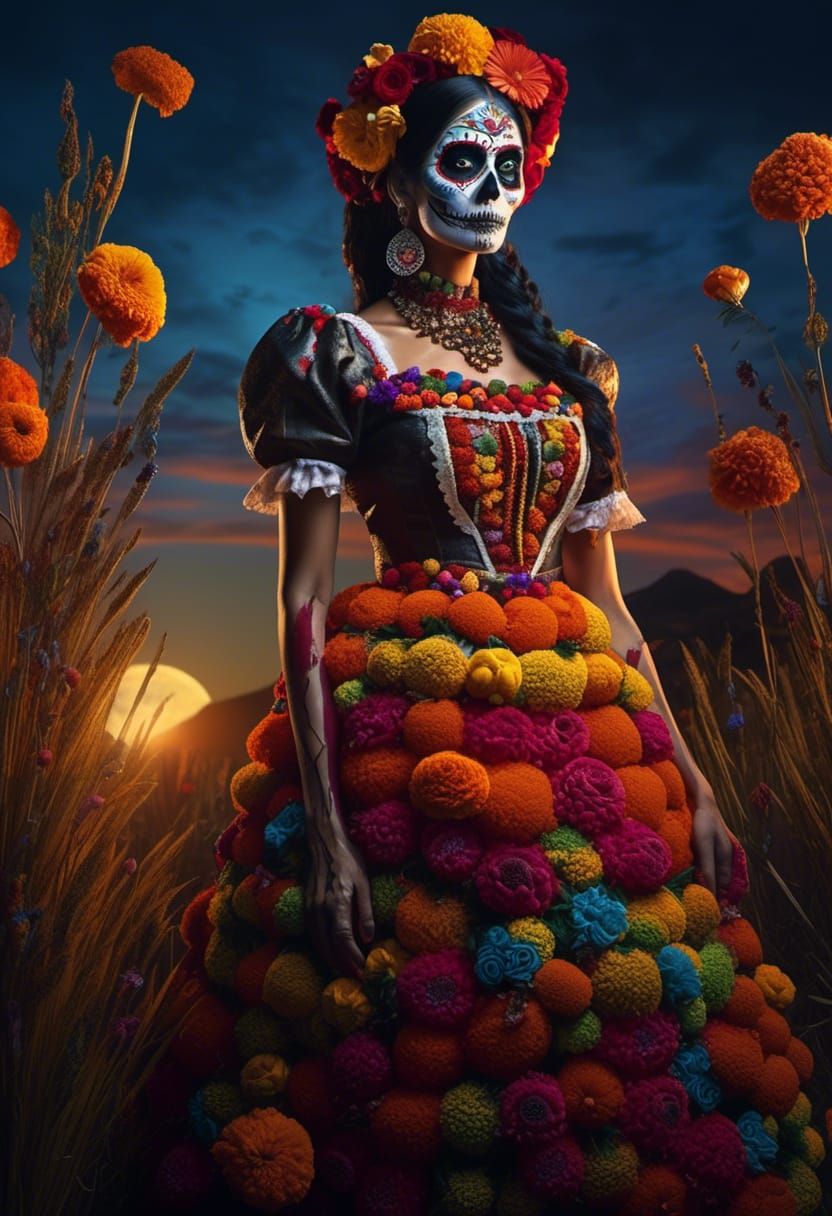 Día de los Muertos Woman in Harvest Field
