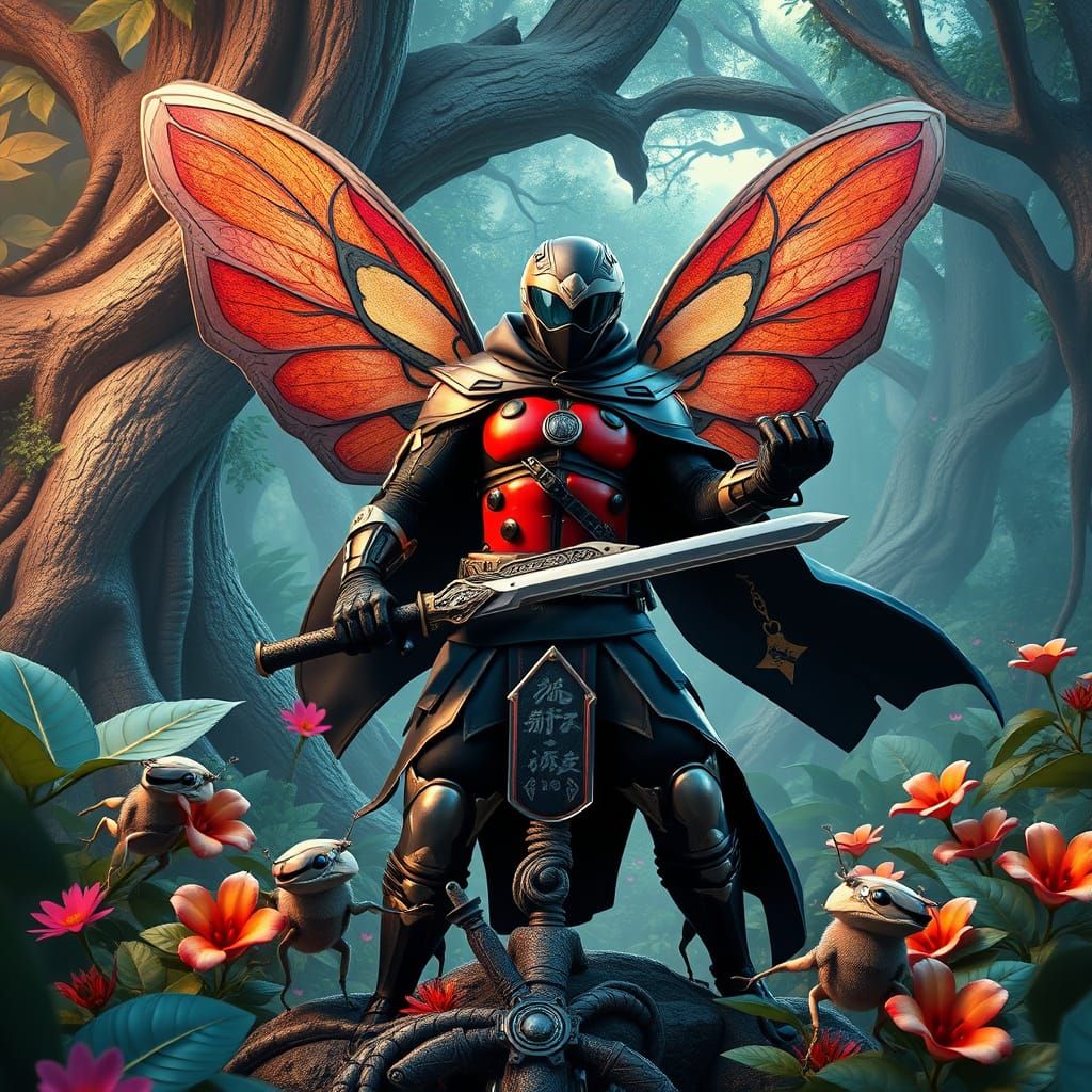 Majestic Ladybug Ninja Guardian in Vibrant Nature Scene