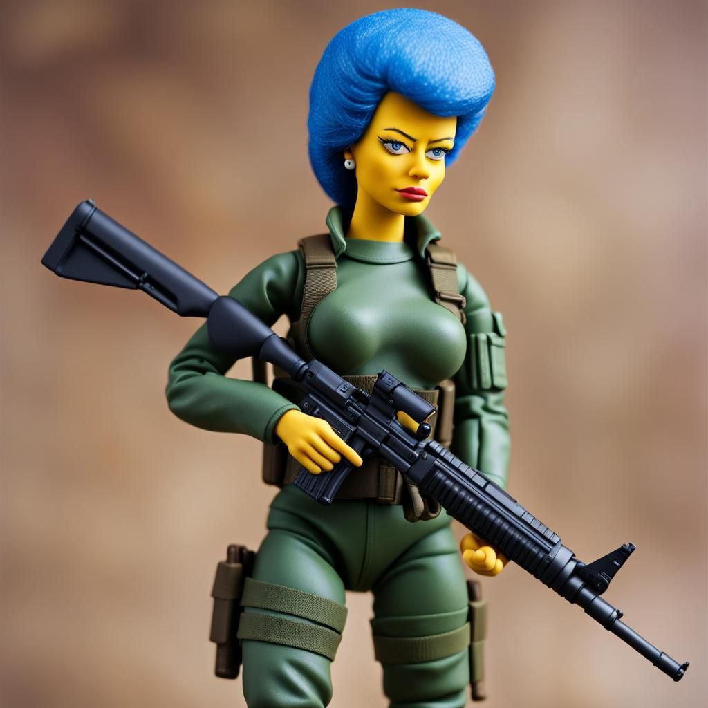 Photo realistic. Super realism. GI joe Doll. toy. articulated plastic toy close-up. weapon .Marge simpson