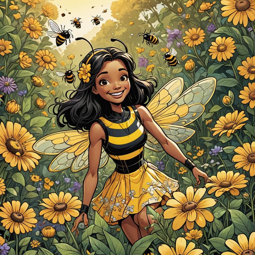 Cartoon Bumblebee in Sunny Flower Garden