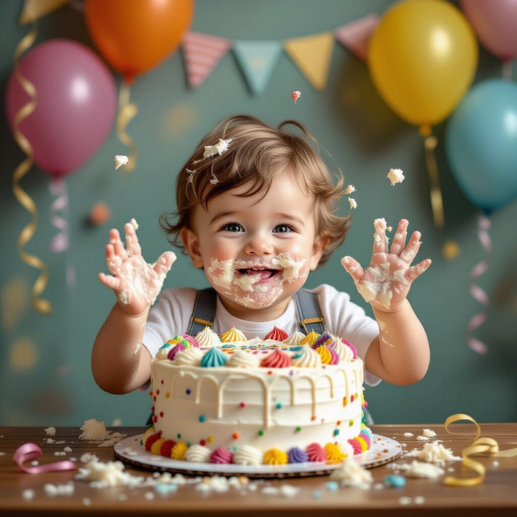 Joyful Baby Boy Smashing Birthday Cake in Digital Painting S...
