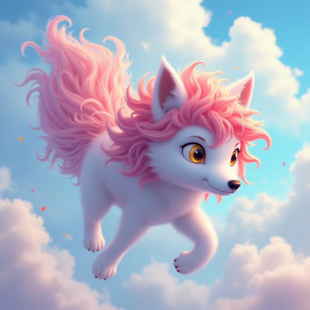 Whimsical Wolf Soars Through Pastel Skies