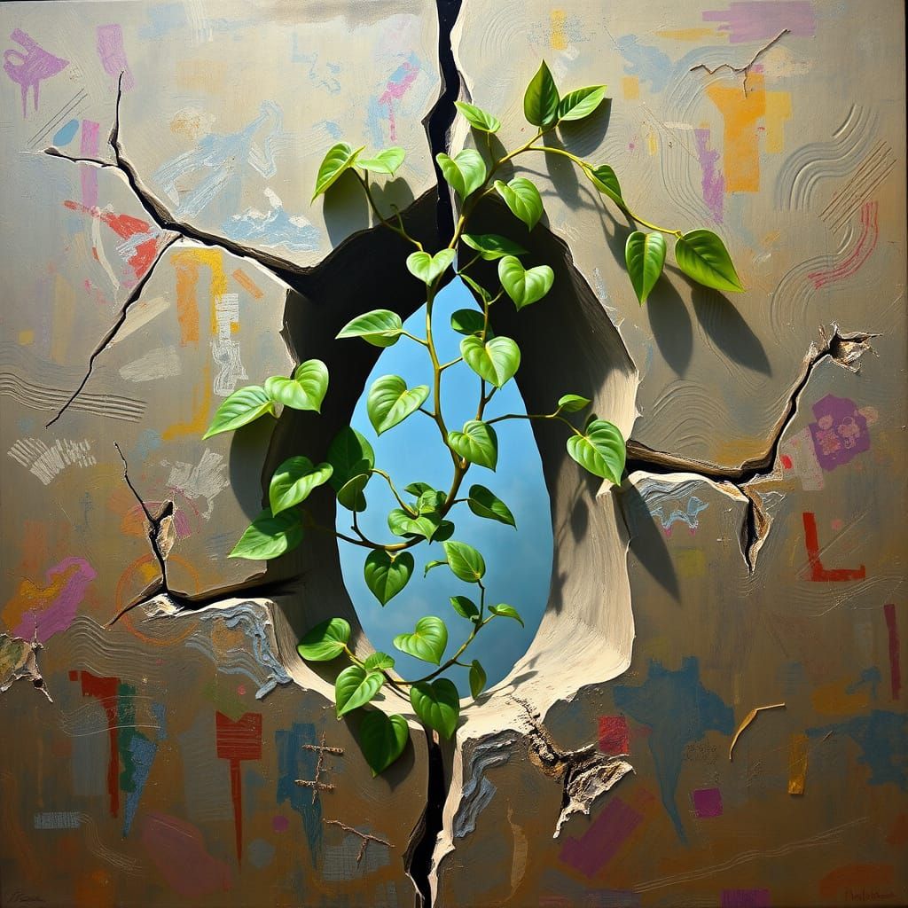 A liana vine grows through a crack in a surrealist painting.