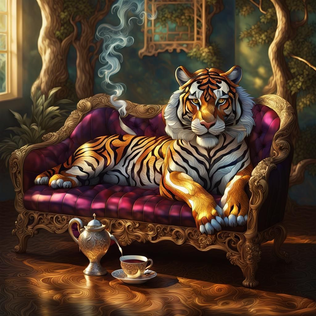 Decadent Tiger Smoking Pipe in Tiffany Stained Glass