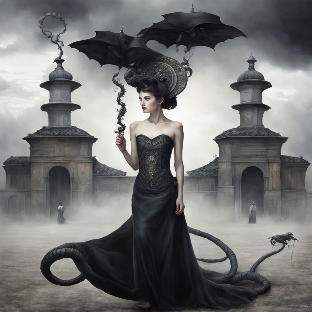 "19th century dark fantasy middle ground view, highly detail...