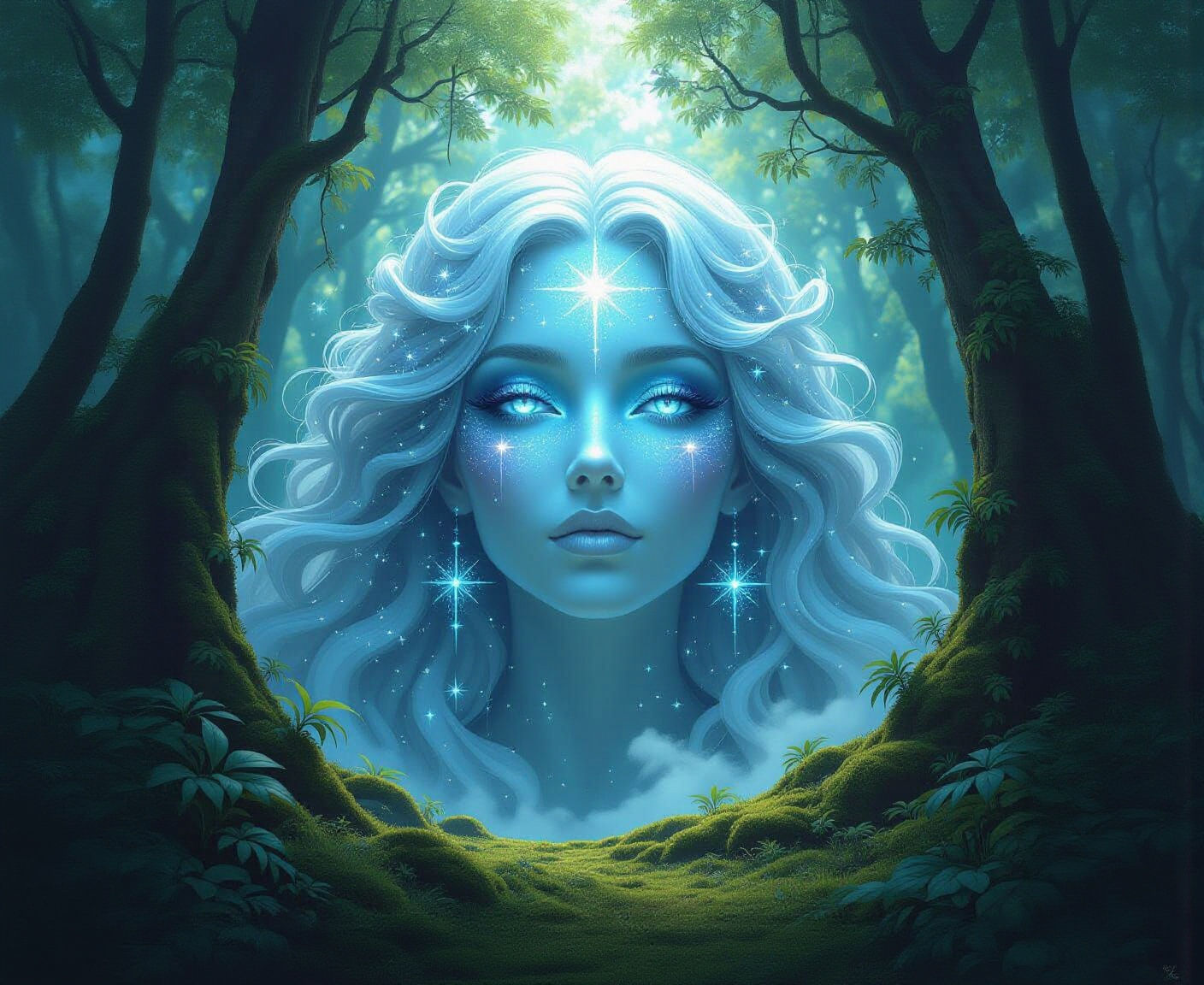Ghostly Starlight Woman in Glowing Forest, Fantasy Art