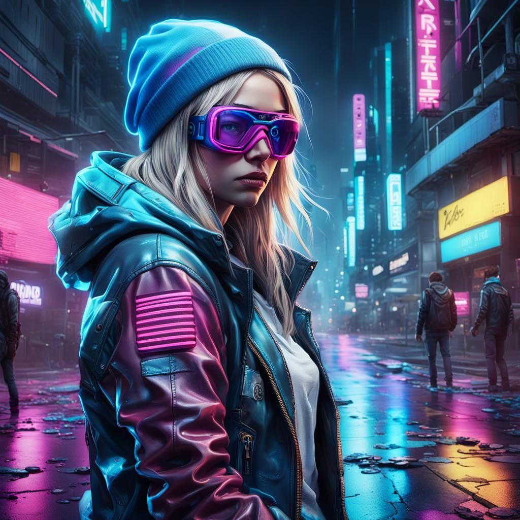 Cyberpunk Hacker with Blue Goggles in Neon City