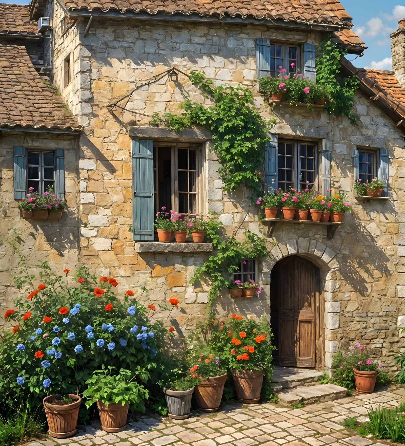 Impasto Painting of Grapevine on Old House