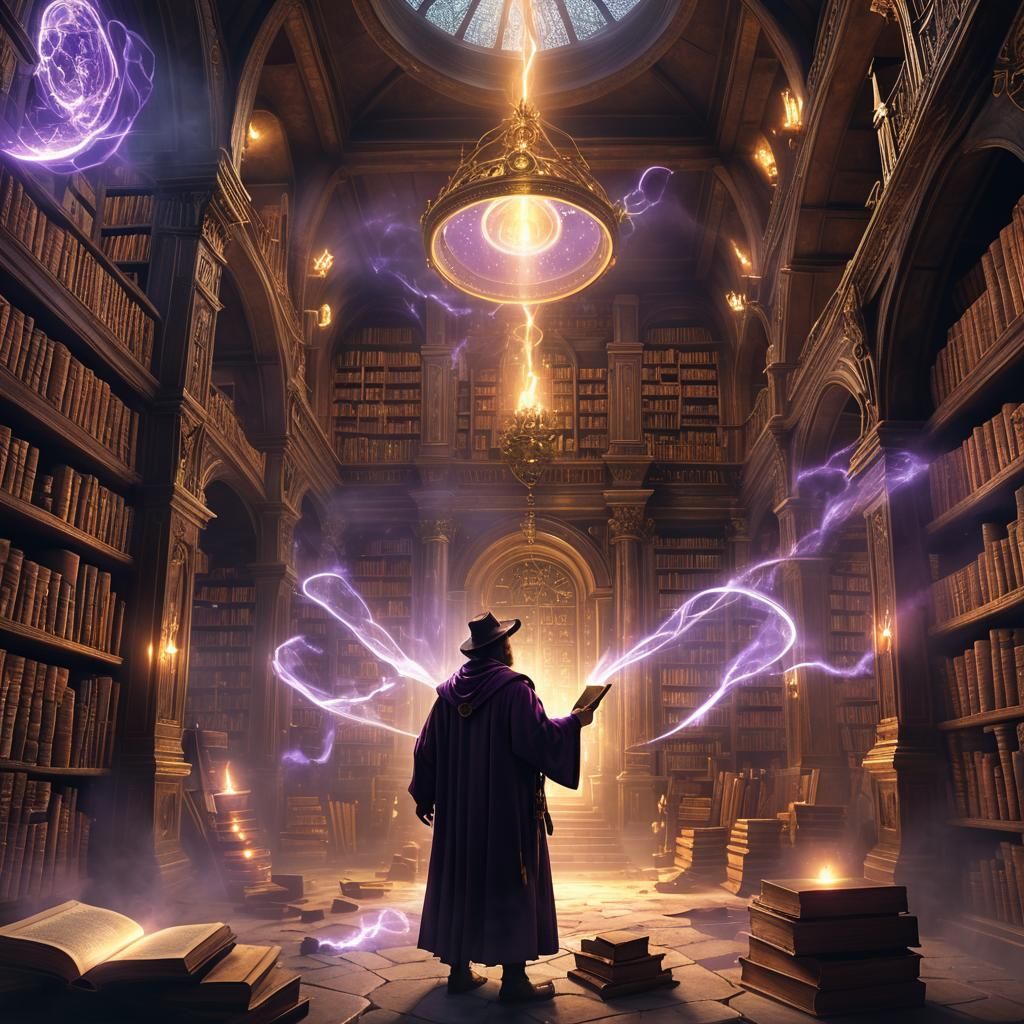 Sorcerer Conjuring Magic in Ancient Library
