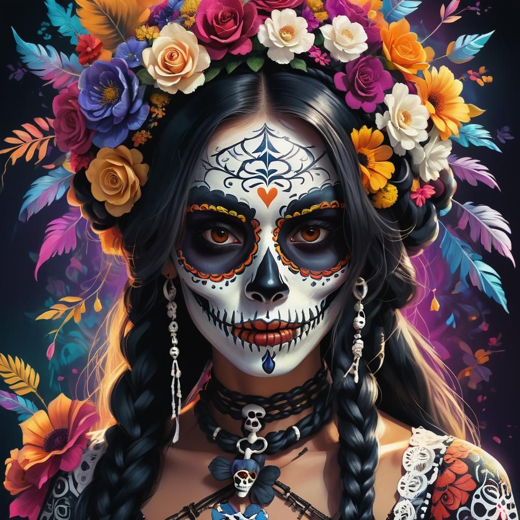 Catrina Portrait in Latin American Folk Art Style