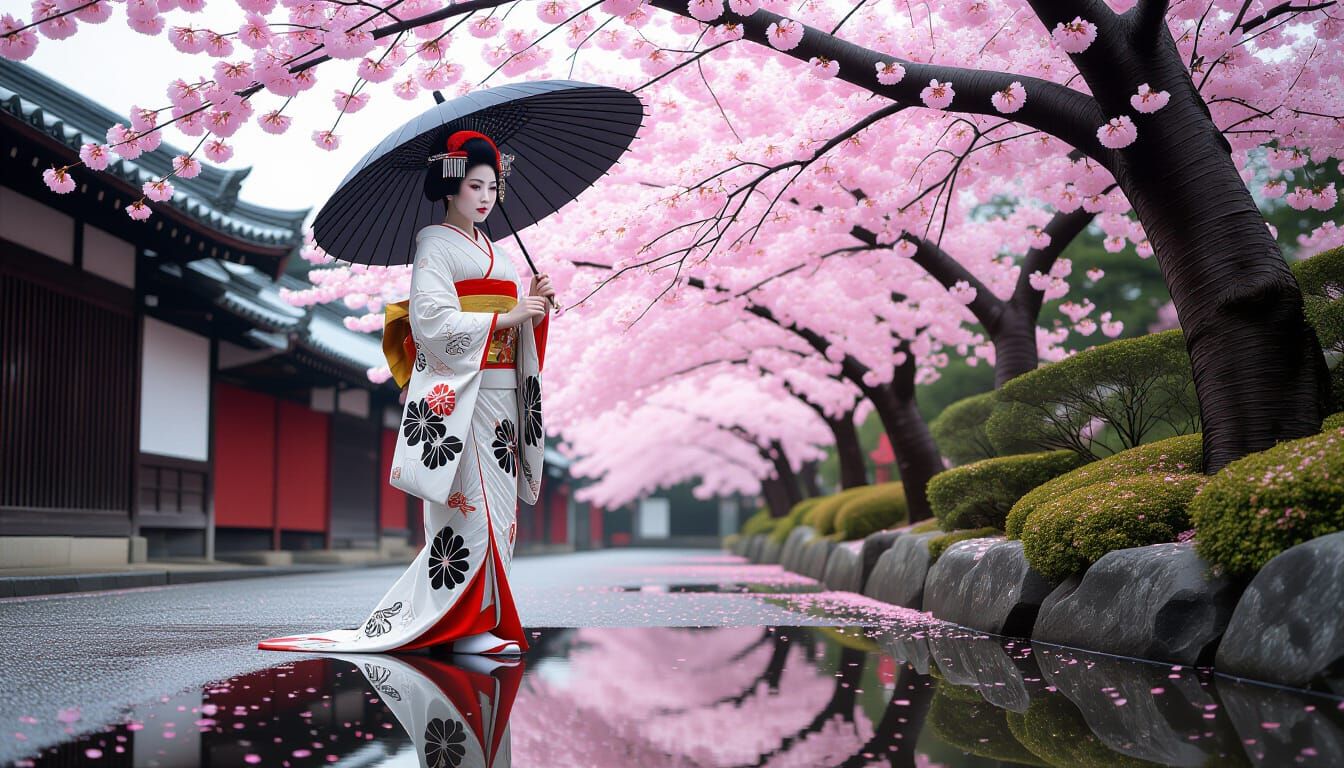 Elegant Geisha Under Sakura Tree