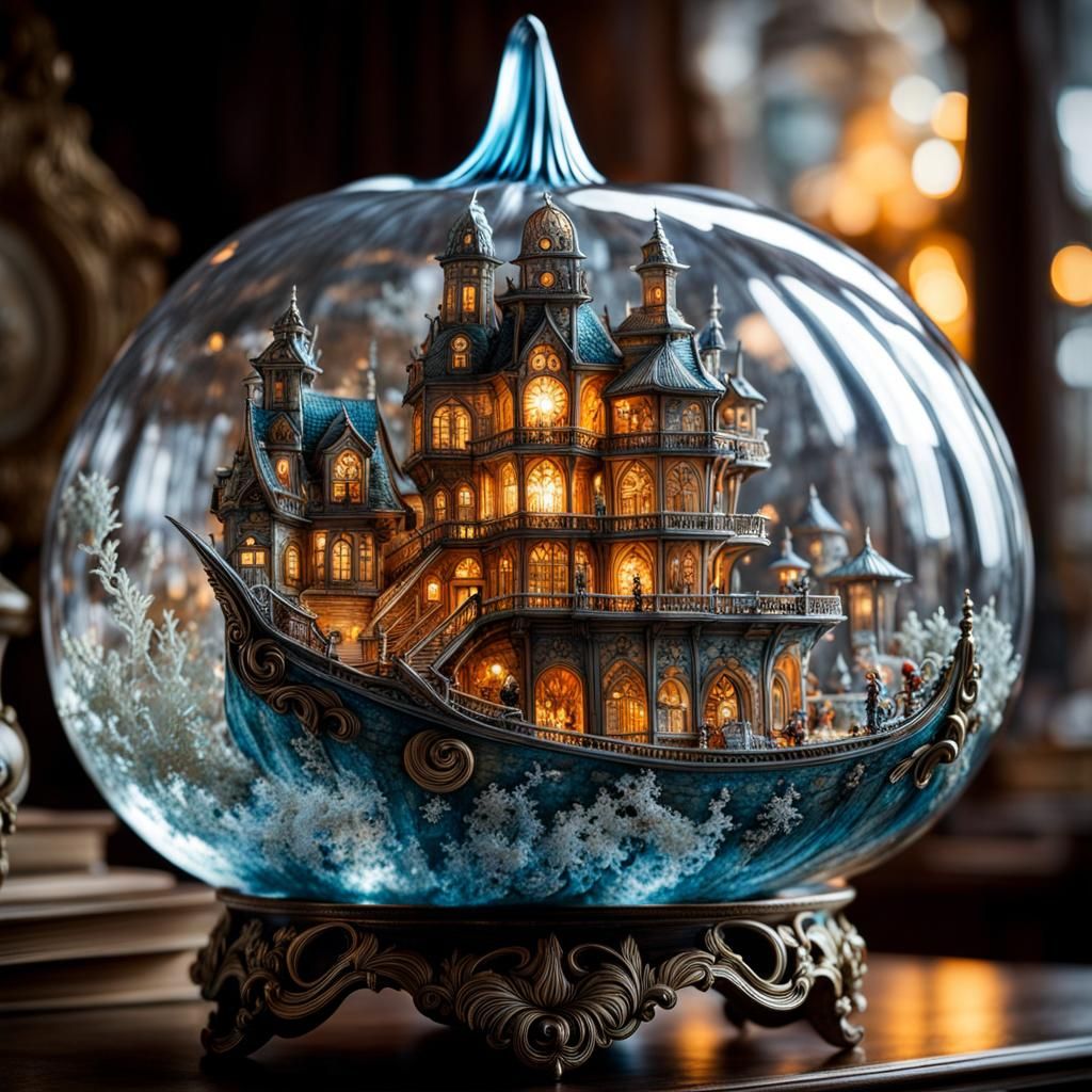 Ornate Crystal Pumpkin with Pirate Ship Inside