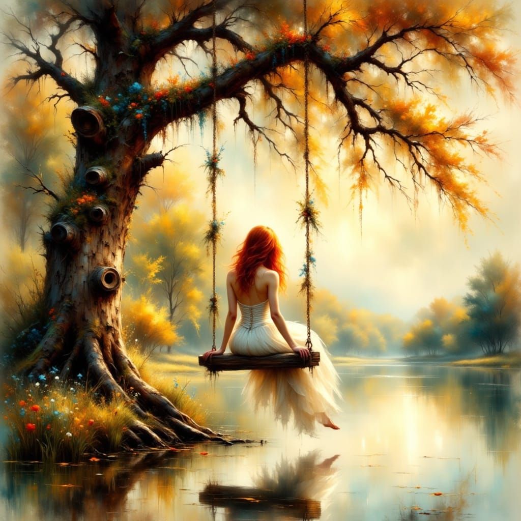 Woman on Swing Over Lake in Impressionist Style