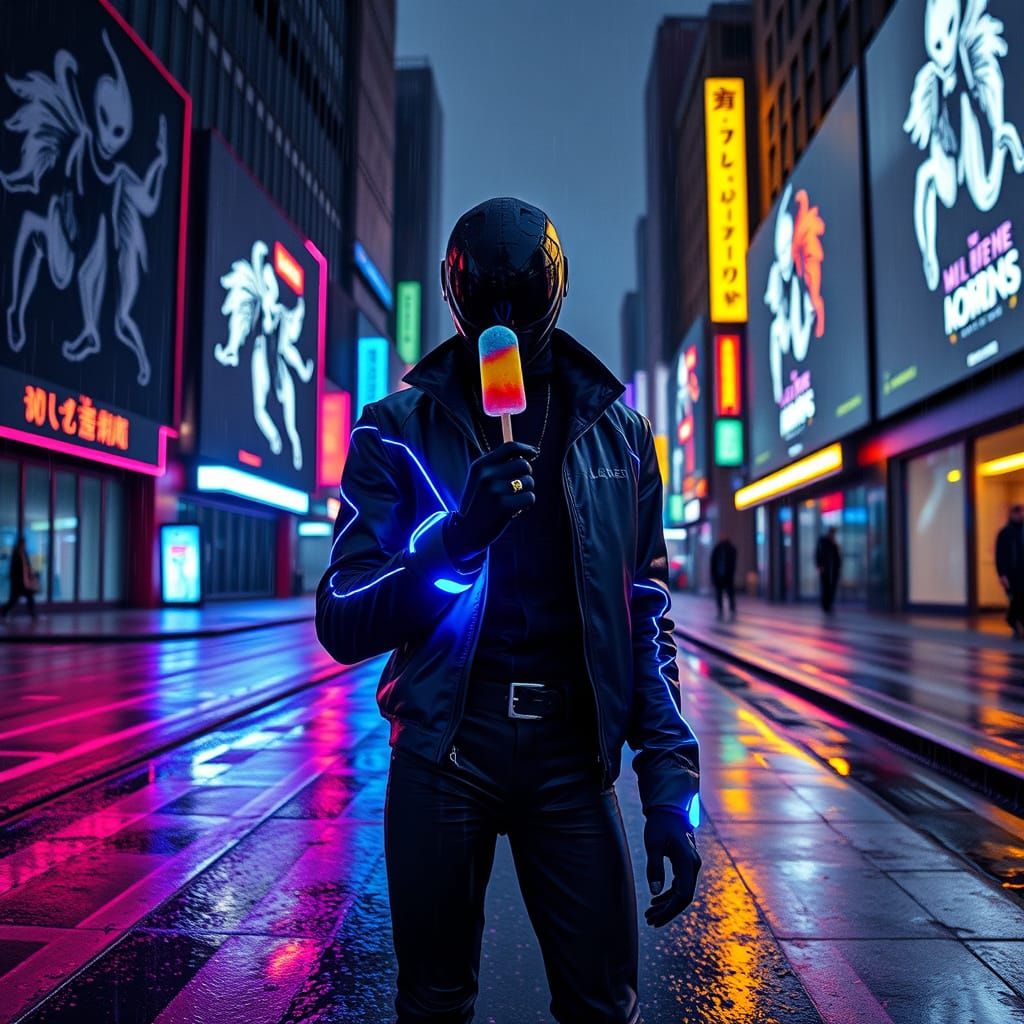 Alien Influencer in Cyberpunk Cityscape with Popsicle