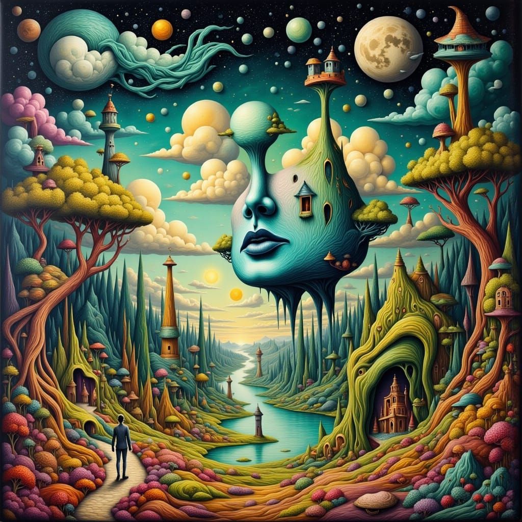 Surreal Figures in Dreamlike Landscape