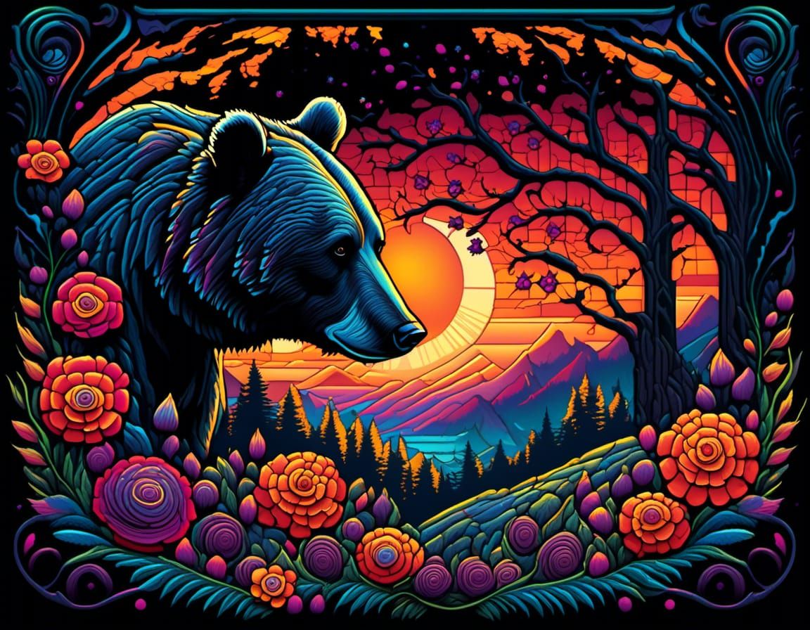 Black Bear Portrait in Mosaic Tiled Forest
