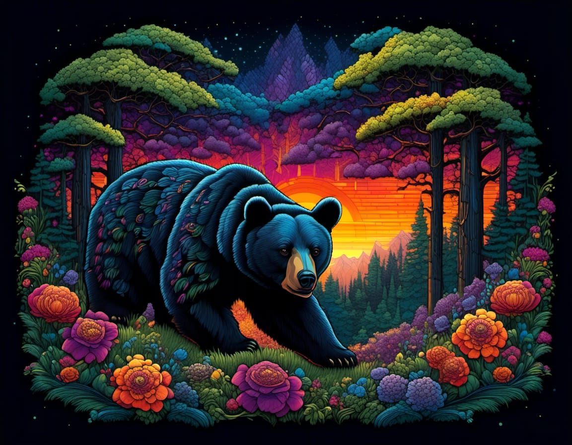 Black Bear Portrait in Gothic Mosaic Comicbook Style