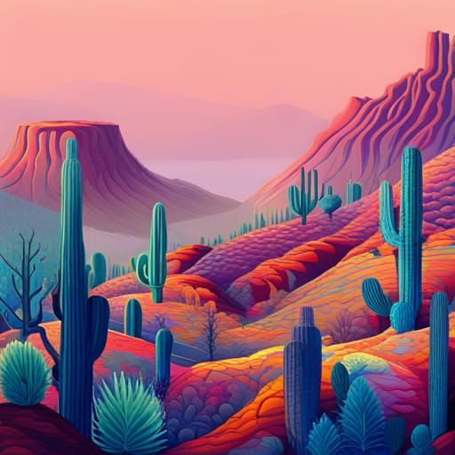 Giant Cactus Landscape in Acrylic Art Style