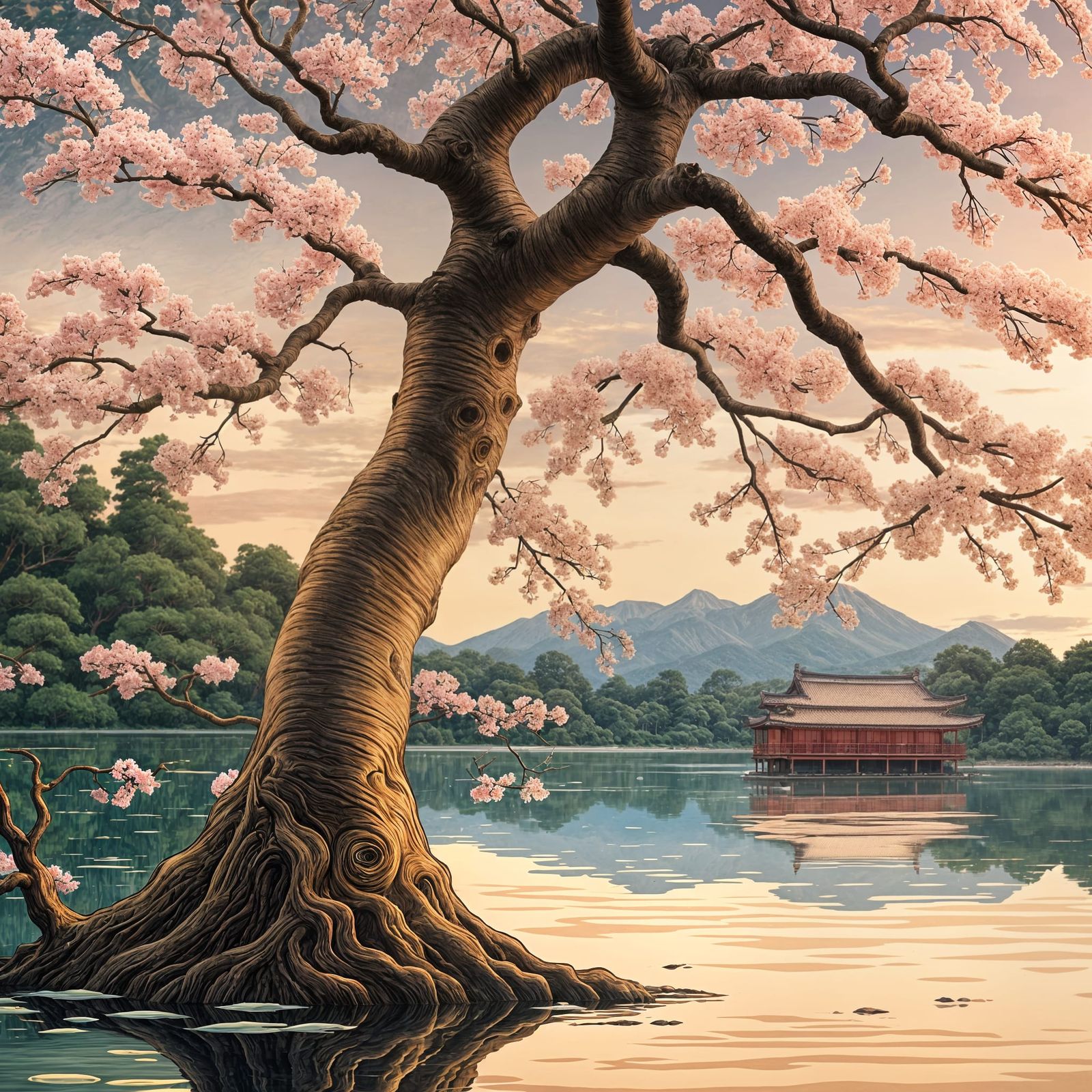 Ancient Sakura Tree by Lake: Photorealistic Woodcut