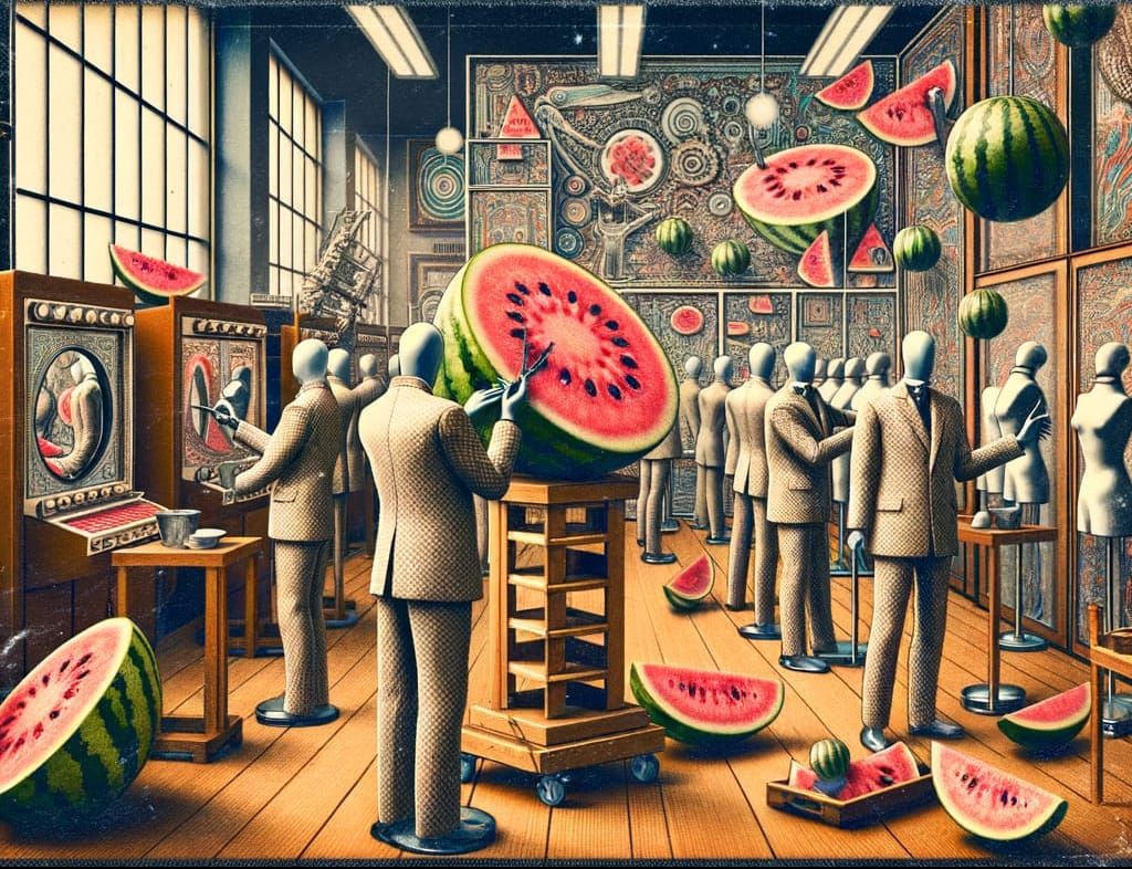 Mannequins Dismantling Watermelons in Surreal Polaroid Style