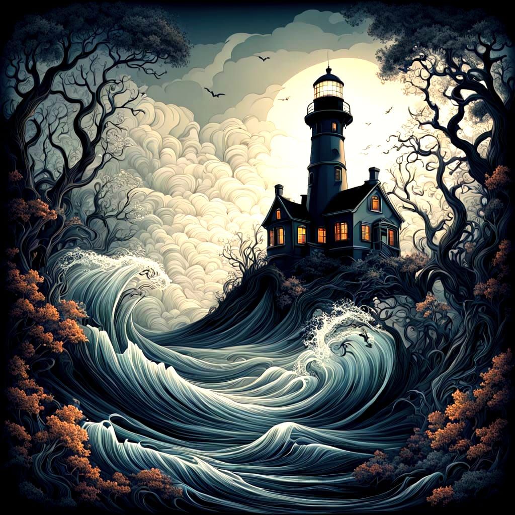 Haunted Lighthouse in Mist, Dark Romanticism Style