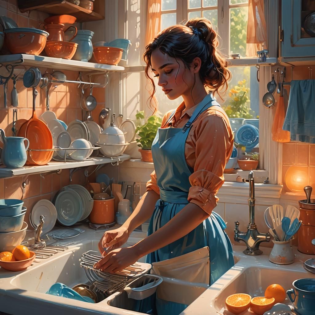 Tradwife Doing Dishes in Fantasy Concept Art