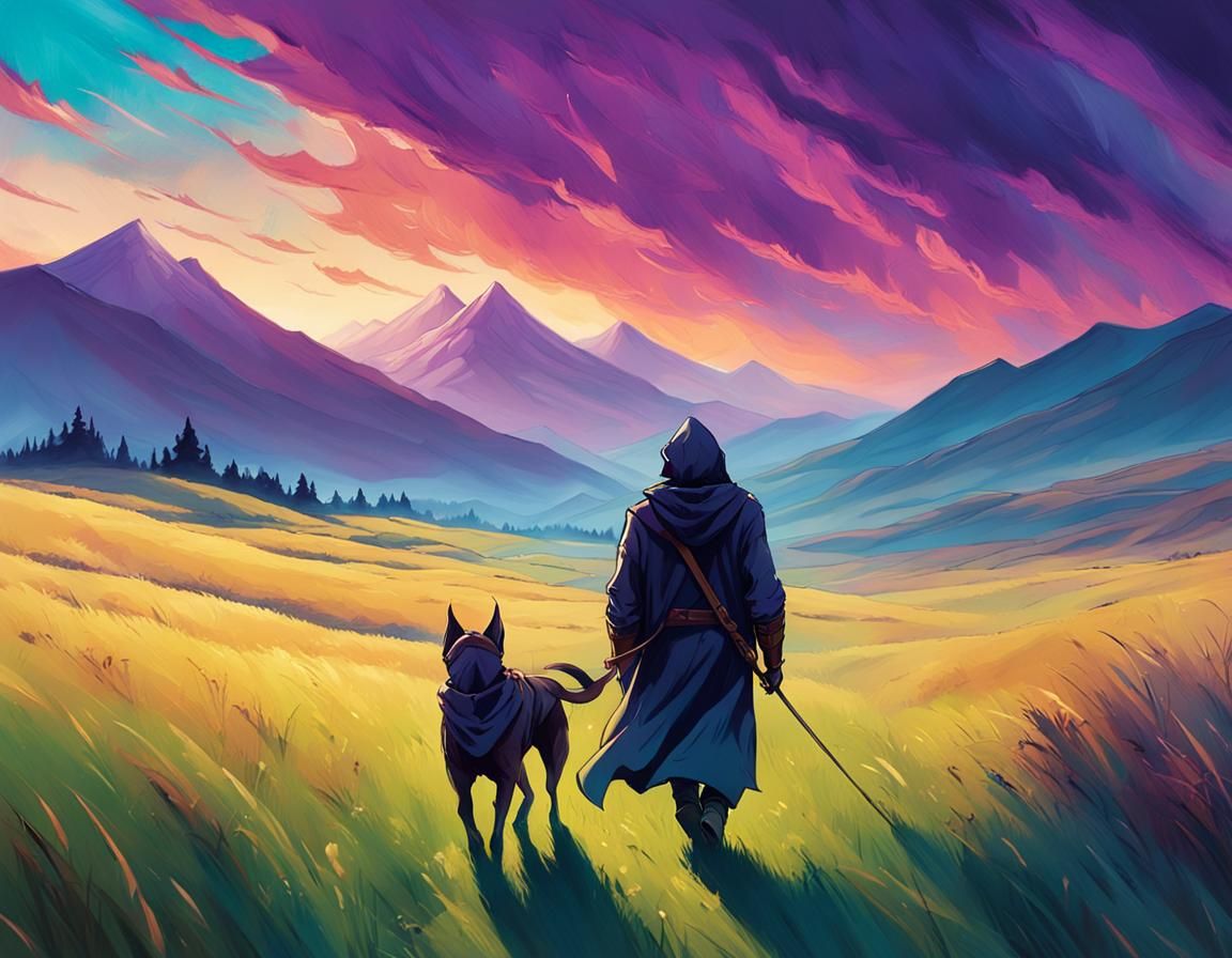Hooded Man and Hound in Fantasy Landscape