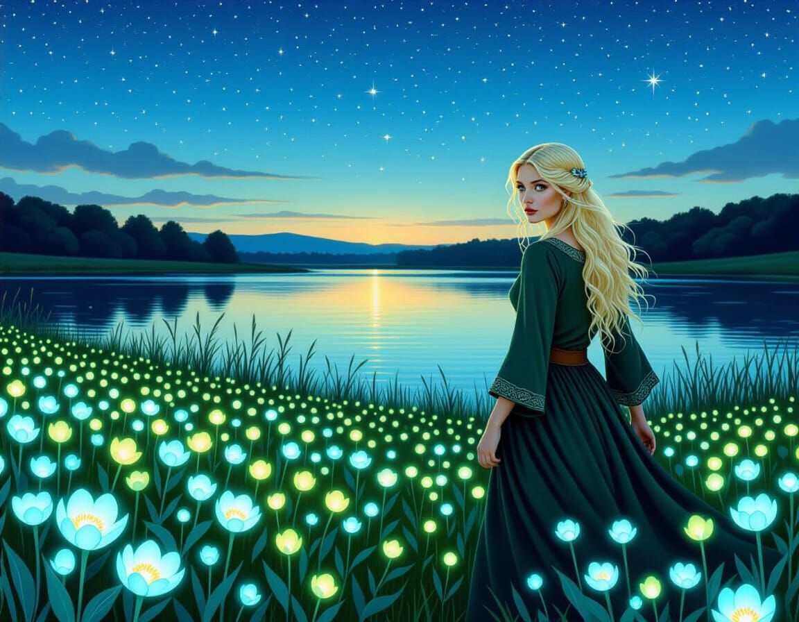 Medieval Maiden Gazes Near Bioluminescent Lake