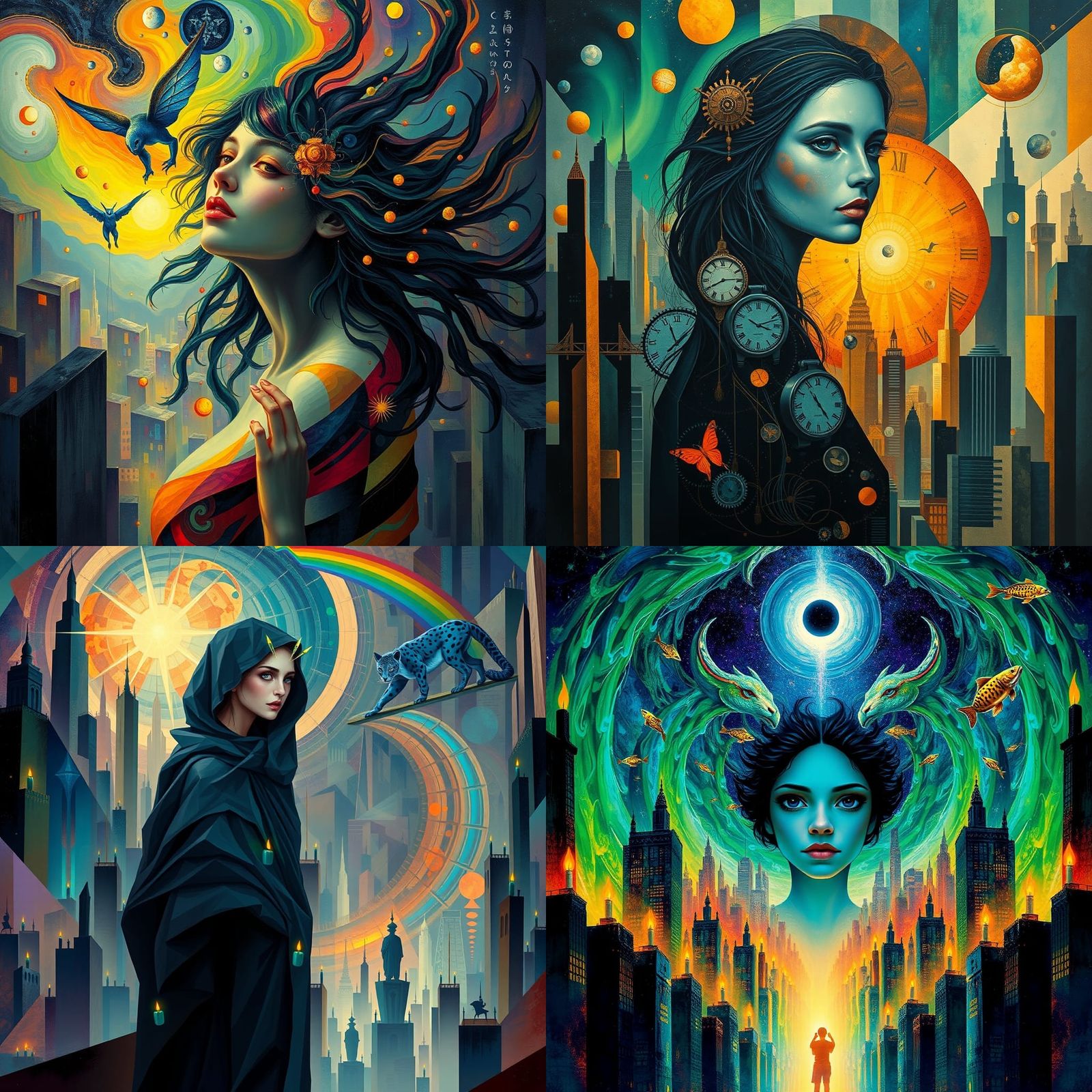 Cyberpunk Goddess in a Teal Fire Cityscape