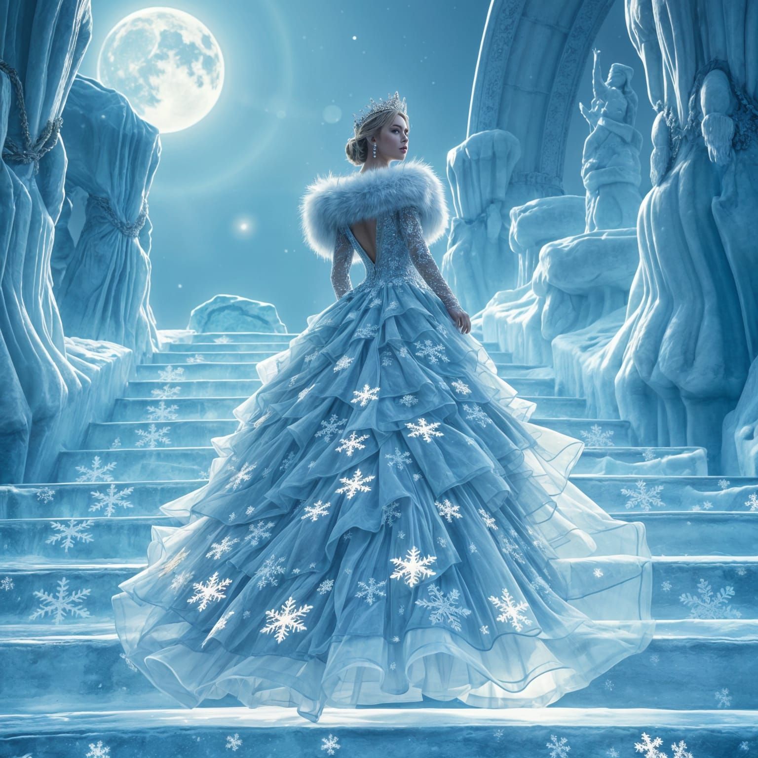 Elegant Winter Queen in Snowflake Dress on Ice Steps