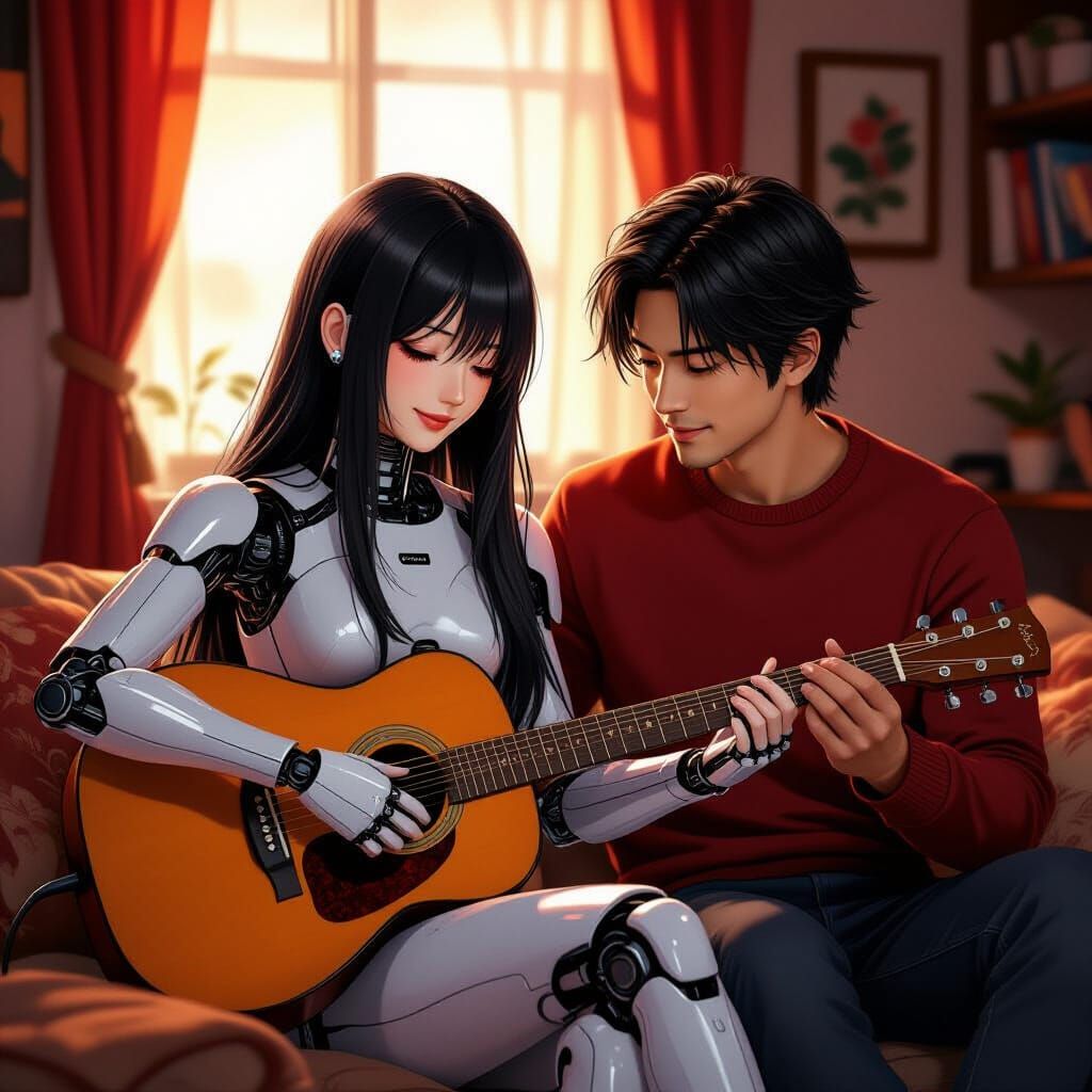 Android Learns Guitar in Cozy Apartment