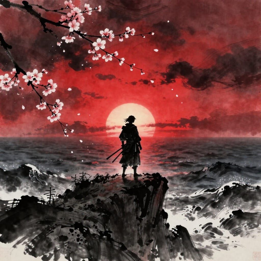 Samurai Silhouette Against Blood-Red Sunset and Stormy Sea