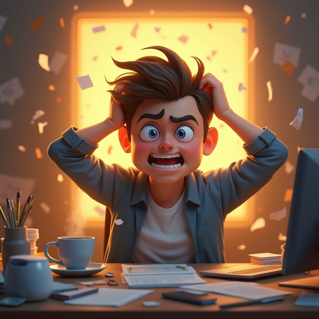 Frustrated Facebook User in Whimsical Cartoon Style