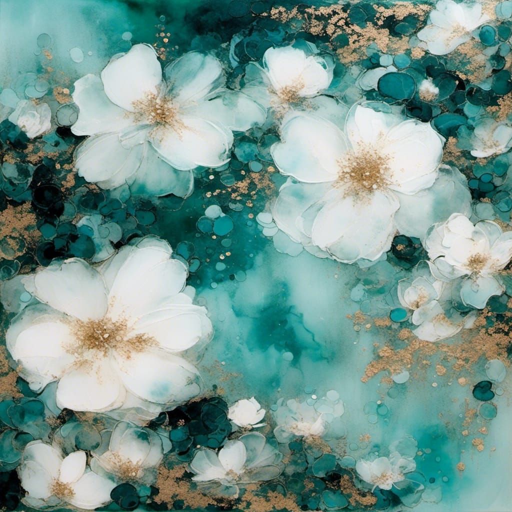 Alcohol Ink Art: Delicate White Flowers in Bloom