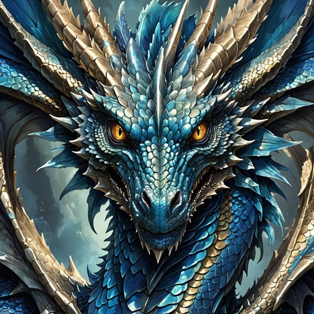Blue Dragon Portrait with Metallic Scales