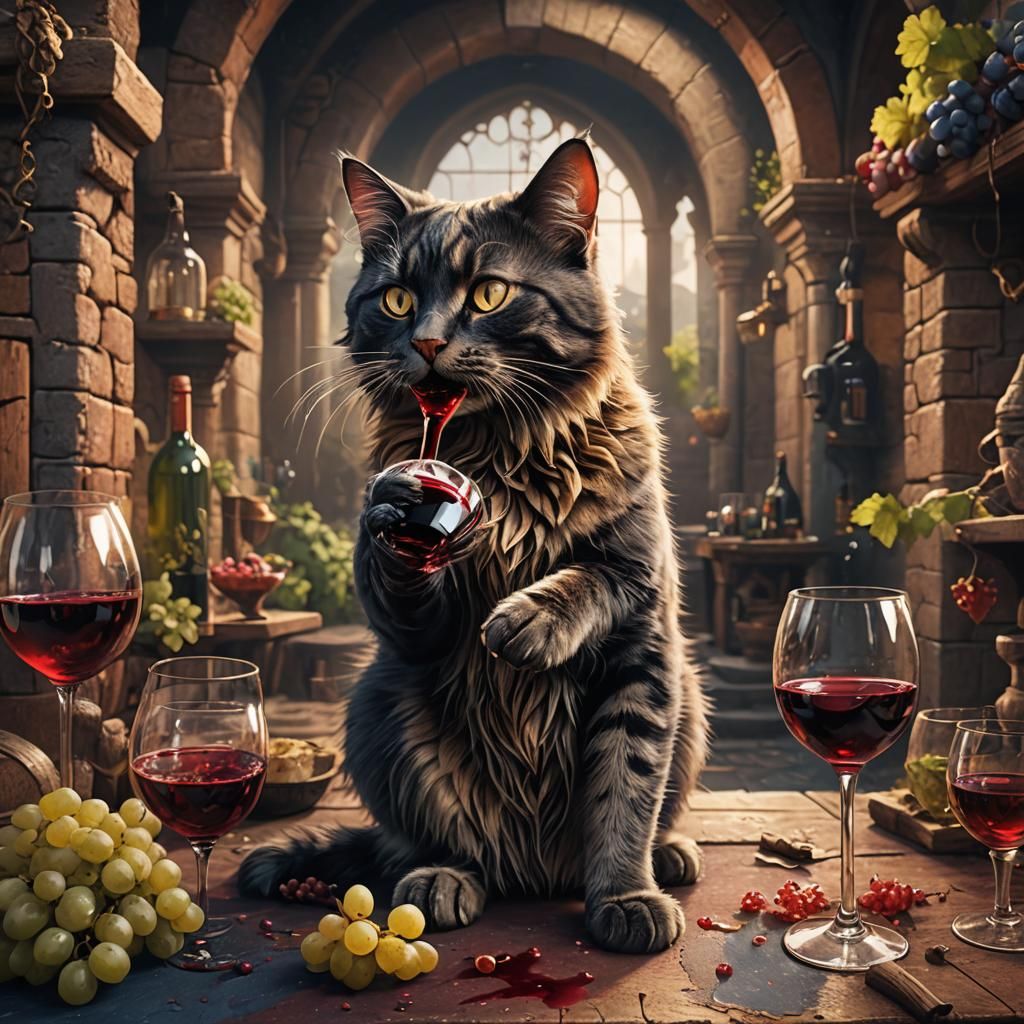 Cat Drinking Wine: Detailed Matte Painting