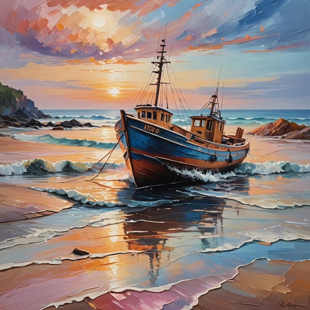 Fishing Cutter at Shore in Impasto Oil Painting