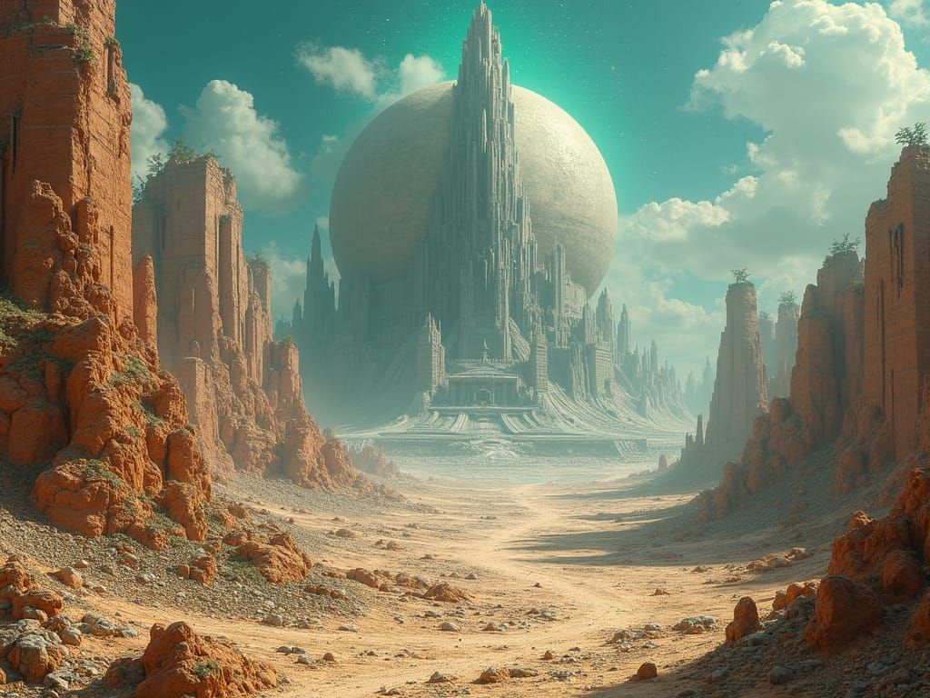 Surreal Landscape Merging Myth and Future in Dreamlike Style