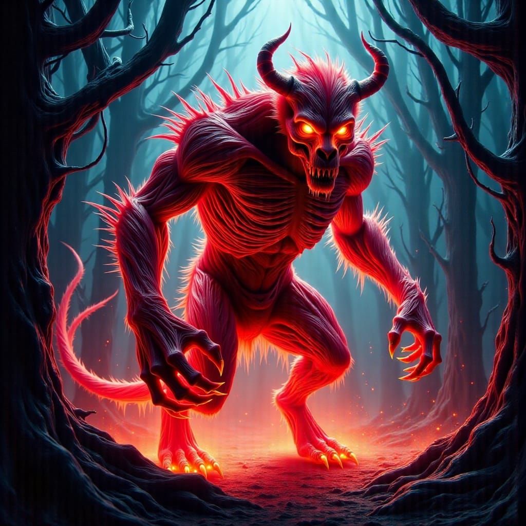 Fiery Red Beast Emerges from Dark Forest