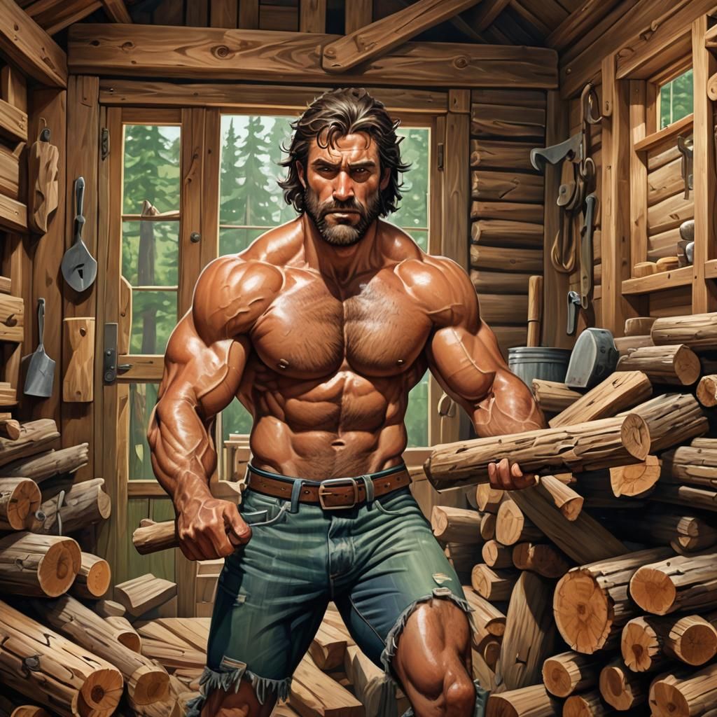 Cubist Beefcake Splitting Logs in Cabin
