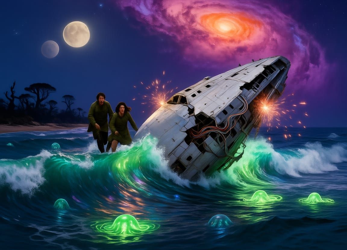 Alien World Crash Landing: Spaceship Wrecked in Glowing Surf