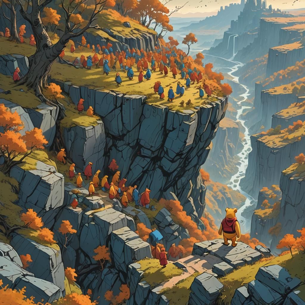 Winnie the Pooh Leads Army in Fantasy Landscape