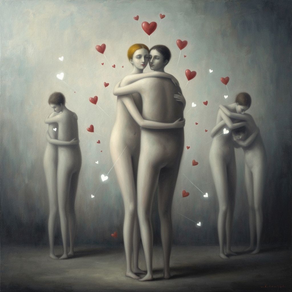 Surrealist Oil Painting of Chaotic Lovebombing Scene