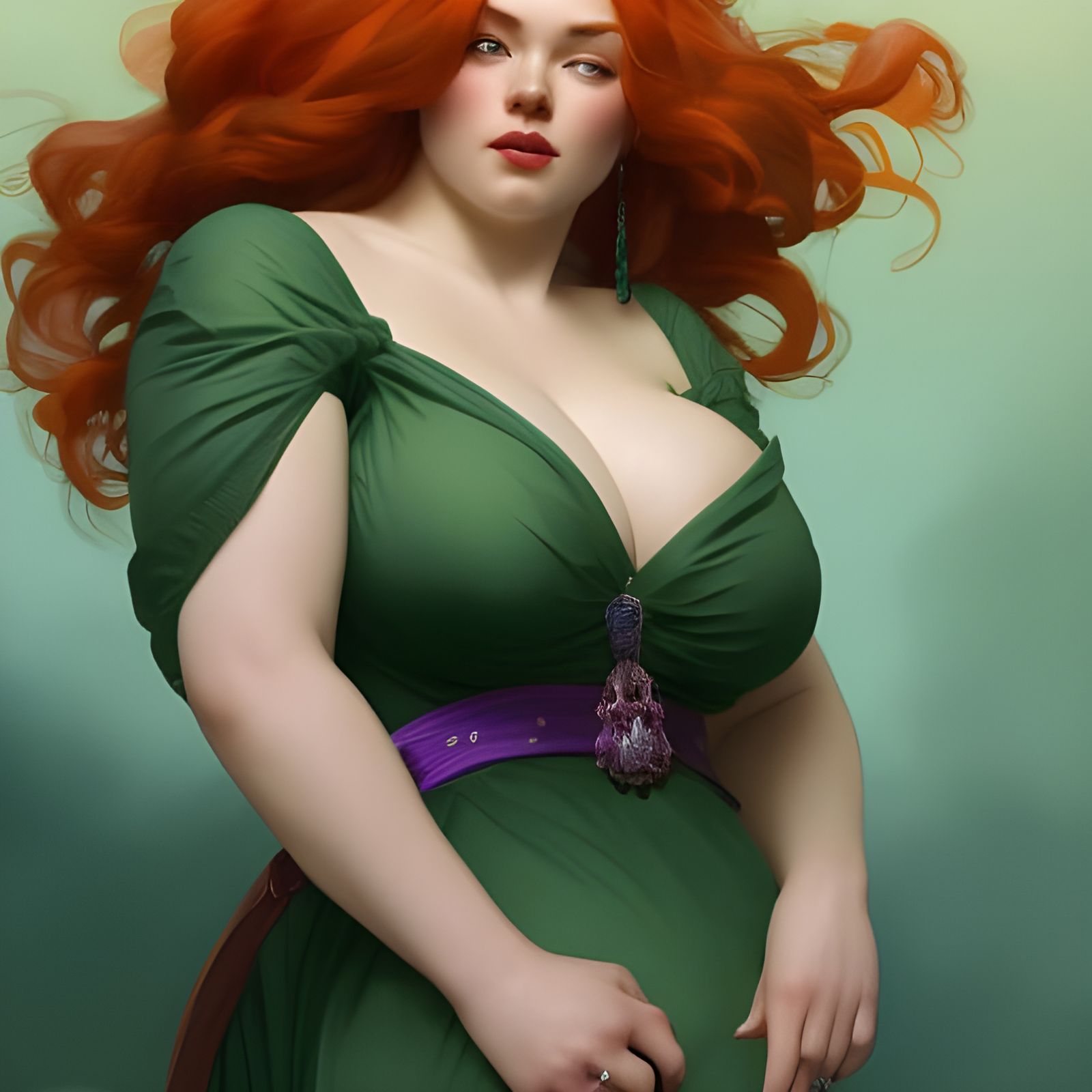 Redhead in Green Dress: Hyperdetailed Art Nouveau Portrait