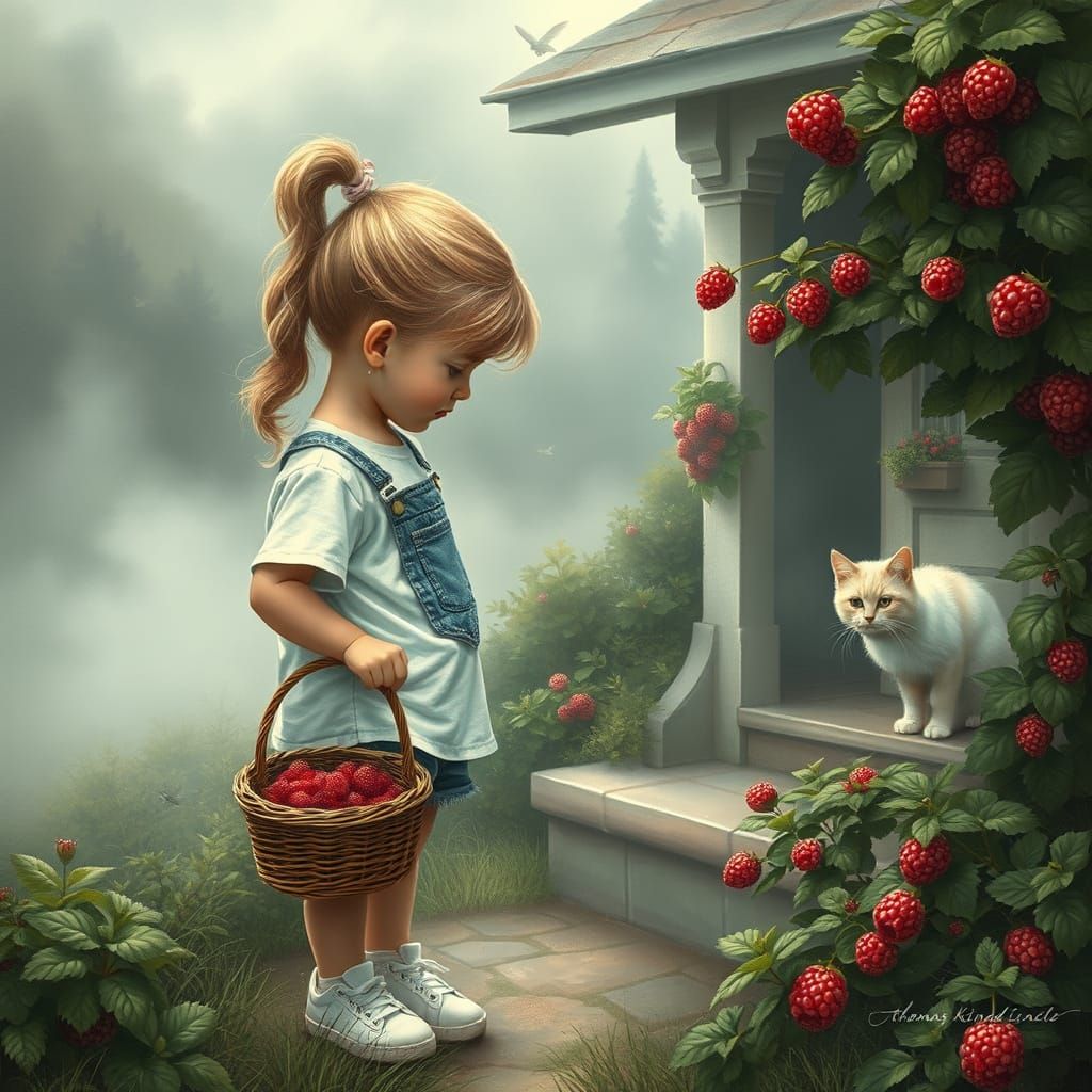 A beautiful little girl with a ponytail on her head, dressed in a white T-shirt and denim shorts, white sneakers on her ...