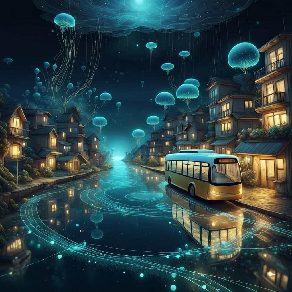Bioluminescent Ocean Road with Floating City