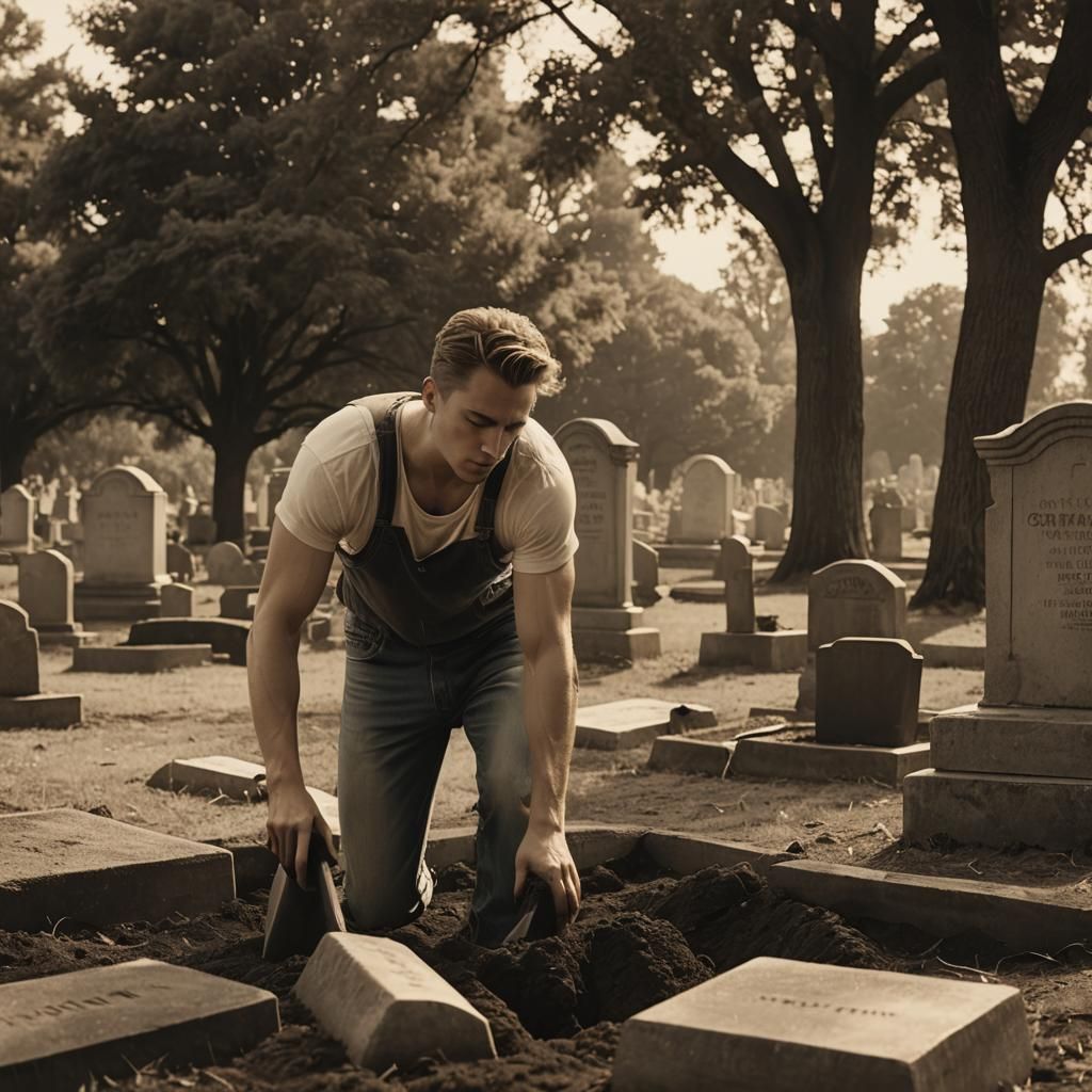 Sepia Film Still: Man Digging Grave at Twilight