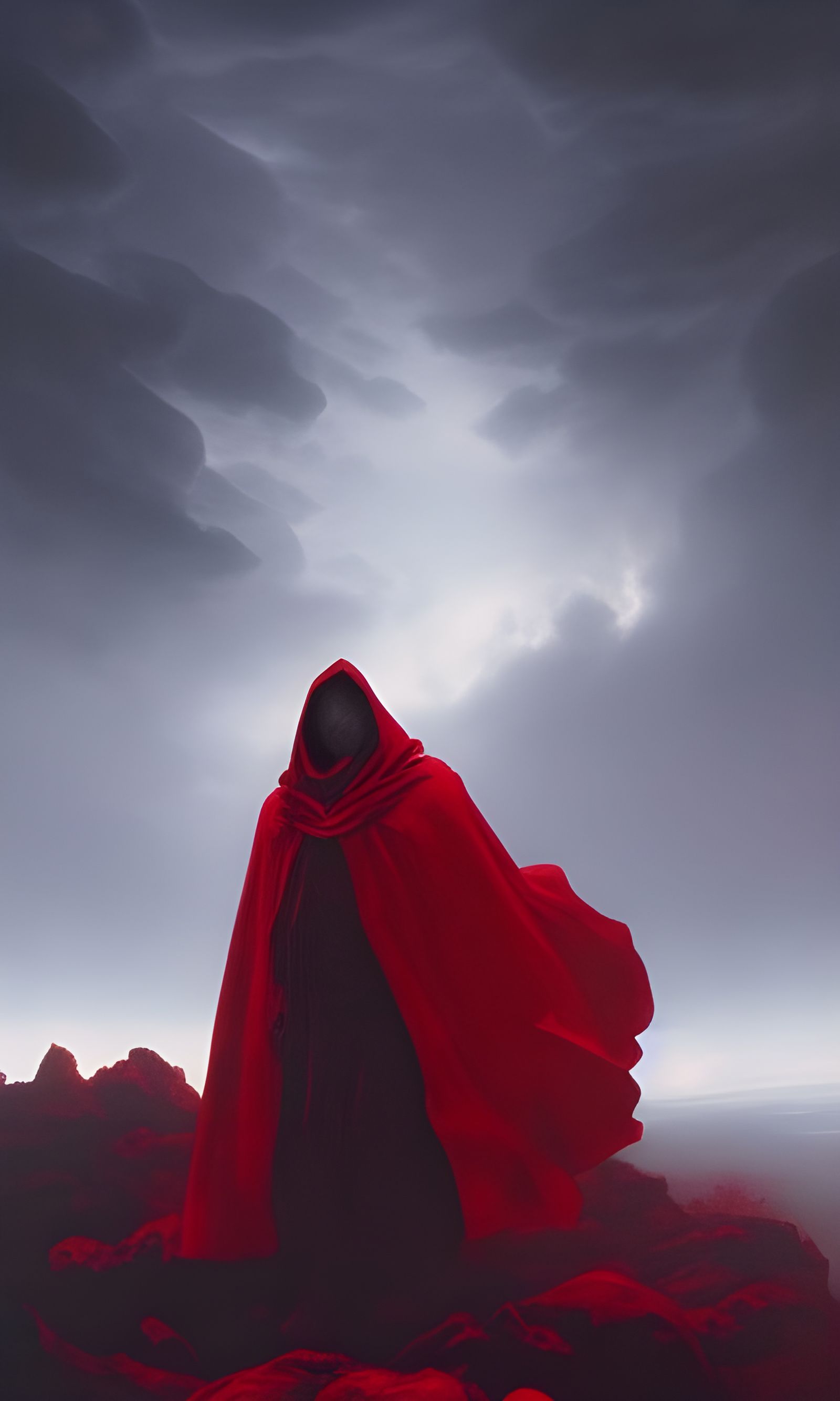 Figure in Red Cloak on Cloud in Romantic Style