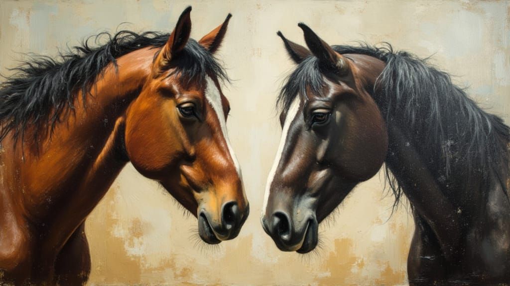 Two Horses Facing Each Other as Oil Painting
