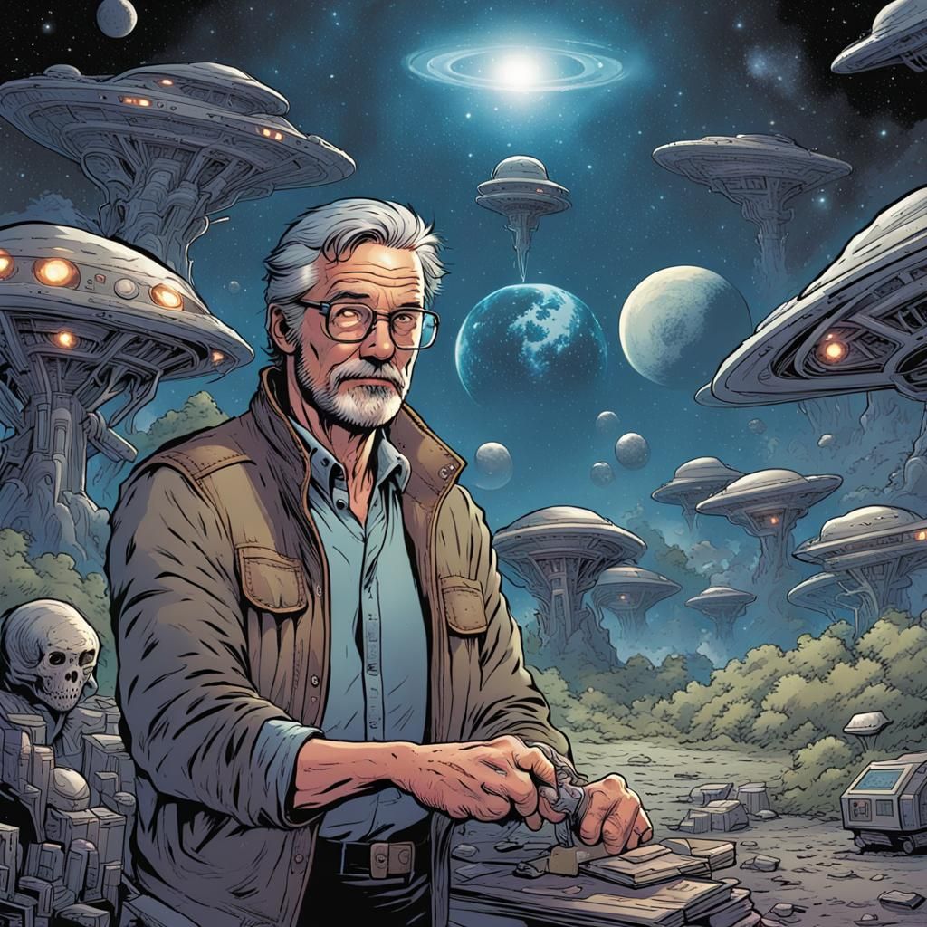 Man with Glasses Discovers Aliens: Comic Book Art
